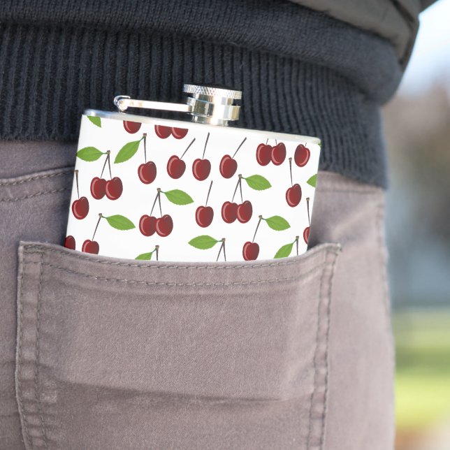Flasques Cerise Rouge, Motif De Cerises, Feuilles, Fruits (En situation)