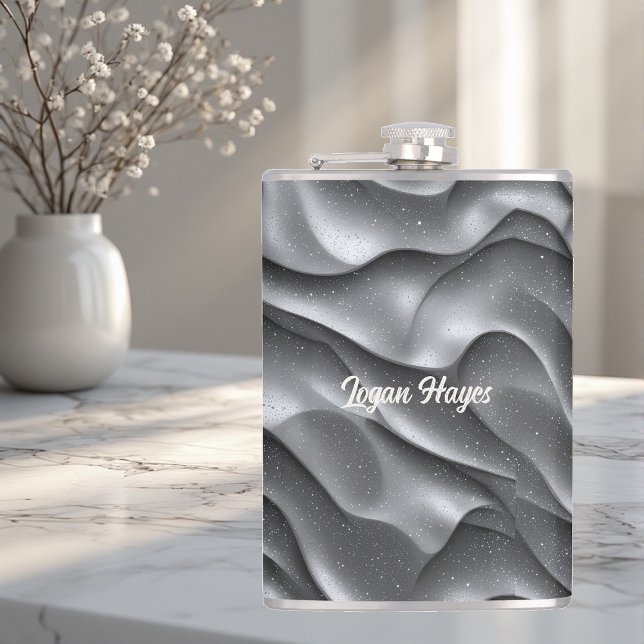Flasques Charme Argent Luxe Paillettes Vagues Métalliques (Silver Glamour Luxury Bling Metallic Waves Glitter Flask)