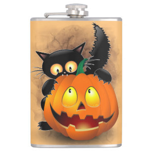 Flasques Chat Fun Halloween Caractère mordant un Citrouille