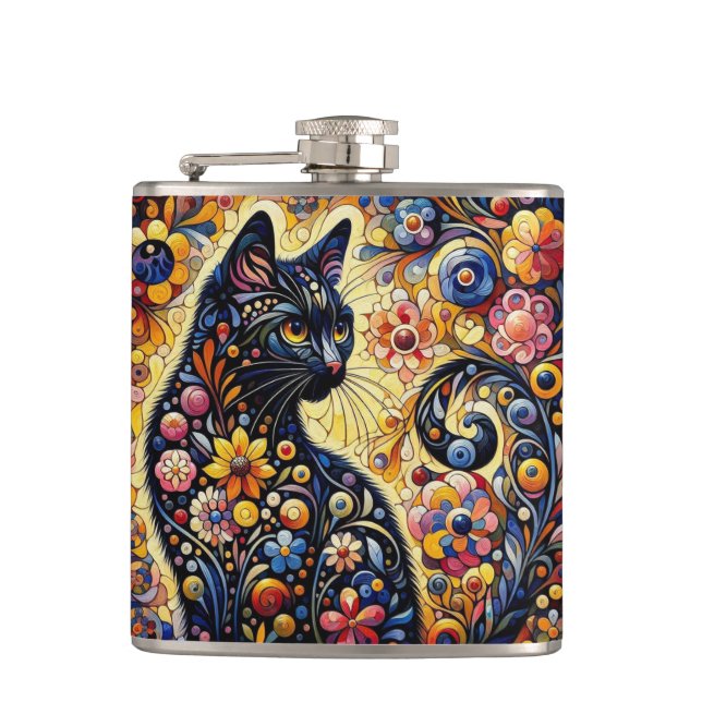 Flasques Chat Whimsical Noir Abstrait peinture florale Art (Devant)