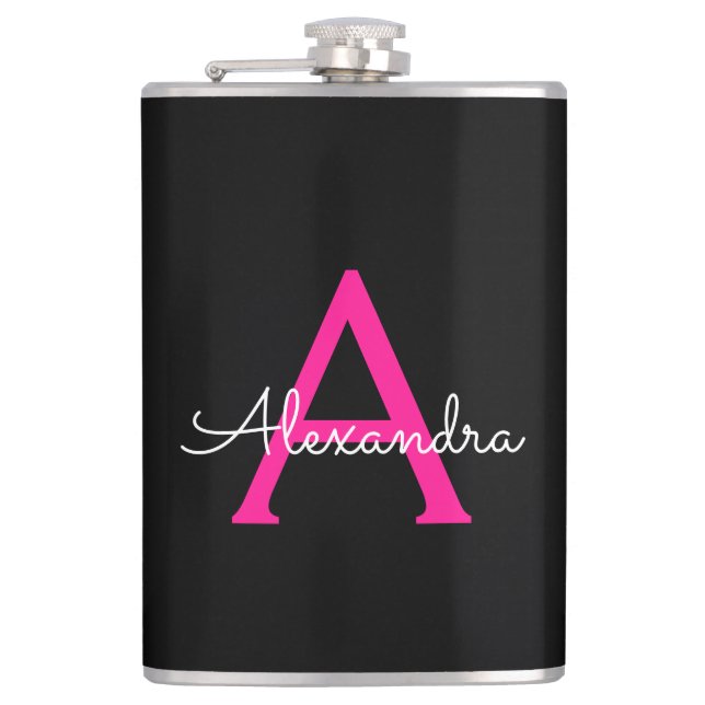 Flasques Chaud rose noir Script Girl Nom du monogramme (Devant)