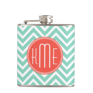Flasques Chic Aqua Green Chevron et Orange Custom Monogram