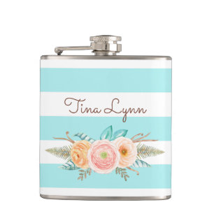 Flasques Chic Aqua Stripes Feminine Floral et nom