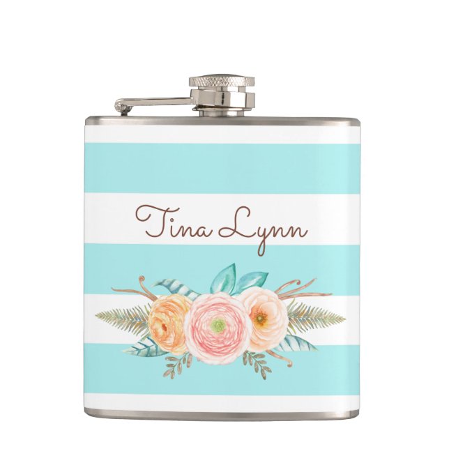 Flasques Chic Aqua Stripes Feminine Floral et nom (Devant)