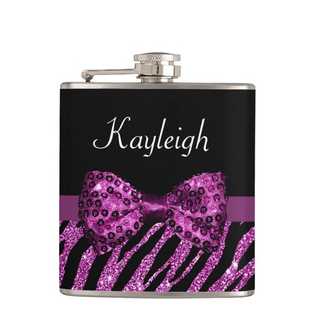 Flasques Chic Purple Zebra Print FAUX Glitz Bow avec nom (Devant)