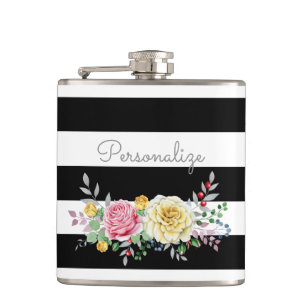 Flasques Chic Rose Floral tendance rayures noires et nom