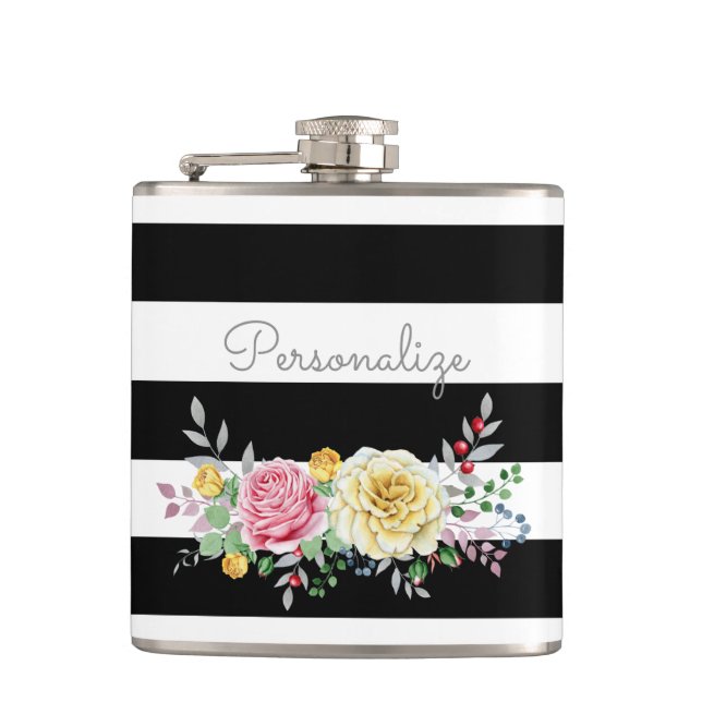 Flasques Chic Rose Floral tendance rayures noires et nom (Devant)