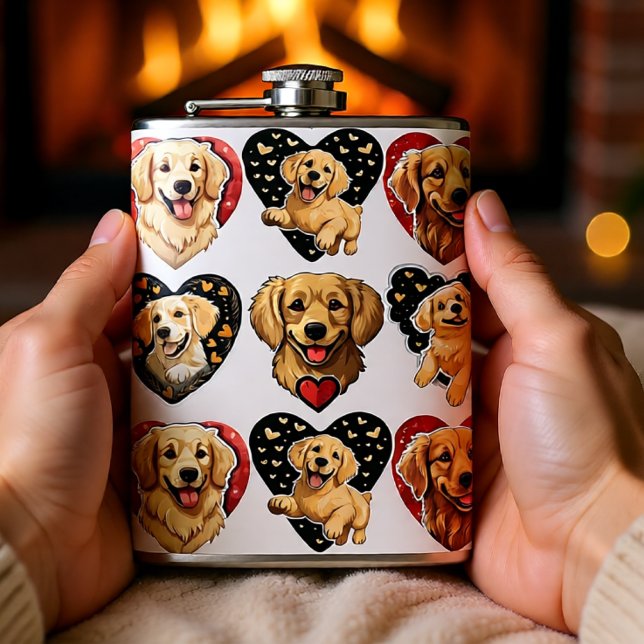 Flasques Chien de Valentine Golden Retriever (Golden Retriever Love Hearts Valentine Flask)