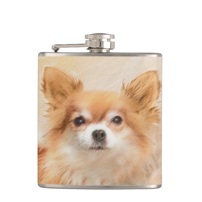 Flasques Chihuahua Peinture de Chien à long Haired Art orig (Devant)