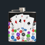 Flasques Chips de dés et Poker d'As<br><div class="desc">Les dés, les jetons de poker et le ballon de poker quatre as. Vous pouvez déplacer, redimensionner et supprimer les cartes de poker. Ce design de fioles de poker et de jeu fonctionne bien pour un cadeau d'anniversaire de la femme, un cadeau de marié, un marié ou tout fan de...</div>