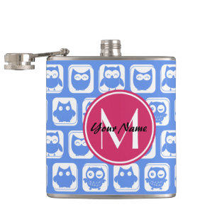Flasques Chouette bleue Motif rose Personnalisé Monogramme