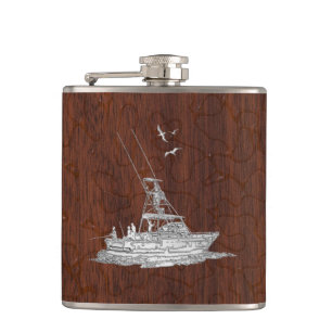 Flasques Chrome Marlin bateau de pêche sur Wet Mahogany Imp