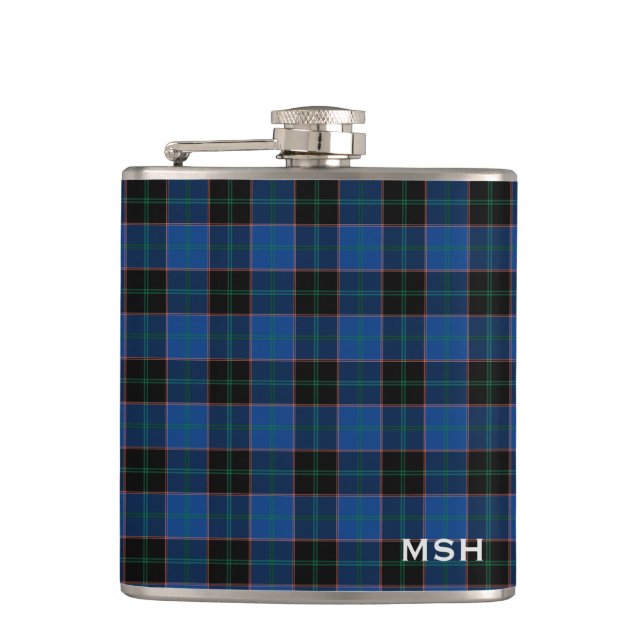 Flasques Clan Hume Tartan Monogramme bleu et noir Plaid (Devant)