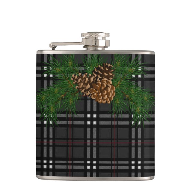 Flasques Classic élégant noir gris plaid cône de pin tartan (Devant)