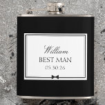 Flasques Classique Personnalisé Simple Bowtie Moderne Best<br><div class="desc">Toast au meilleur homme dans le style avec cette fiole élégante et personnalisée. Avec un design classique noir et blanc, ce flacon peut être customisé avec son nom, son rôle et la date mariage, ce qui en fait un cadeau unique et réfléchi. Ce flacon est parfait pour les fêtes pré-mariages...</div>