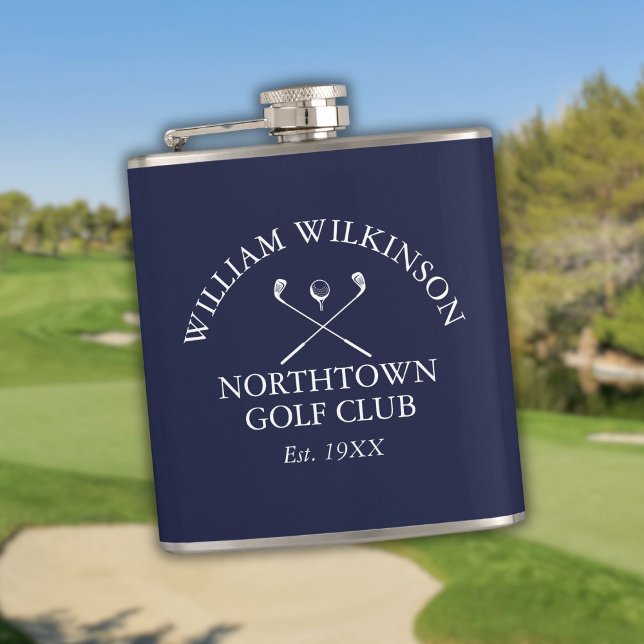 Flasques Club de Golf Et Nom du Membre Bleu Marine (Golf Club And Member Name Navy Blue Flask)