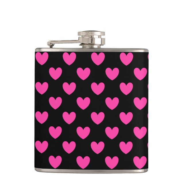 Flasques Coeurs de polka rose Fuchsia sur noir (Devant)