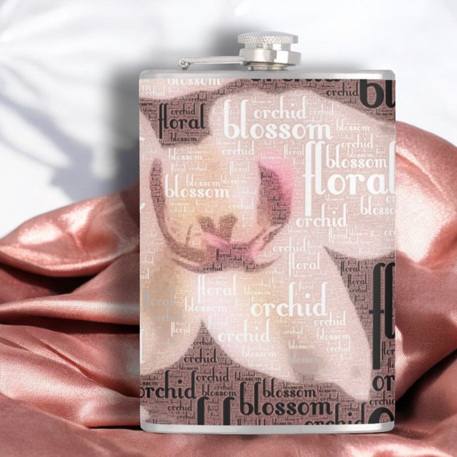 Flasques Collage de fleurs d'orchidée Rose Gold (8 oz flask front word cloud orchid design)