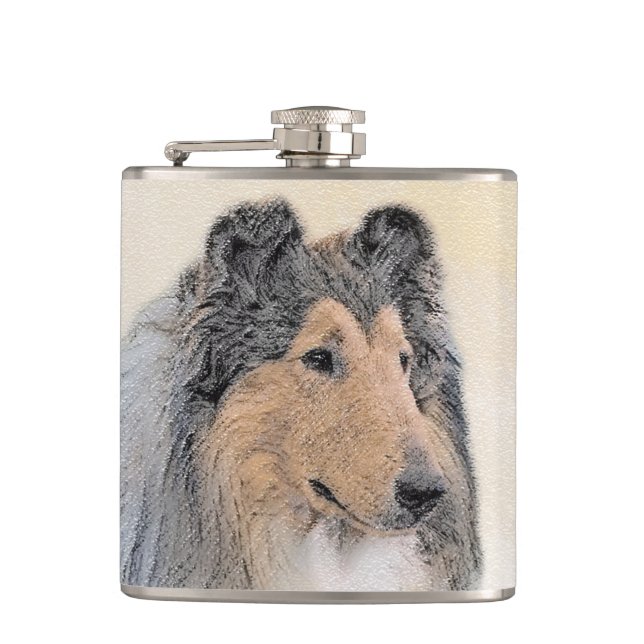 Flasques Collie (Rough) Peinture - Cute Original Chien Art (Devant)