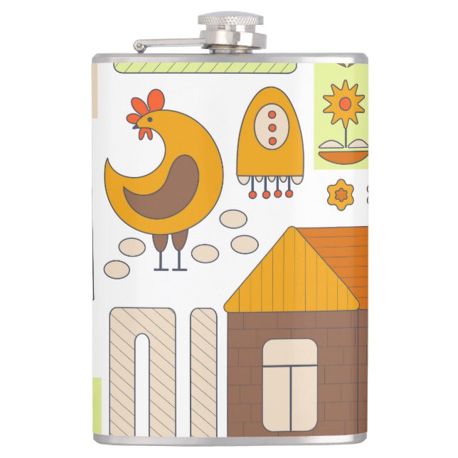 Flasques Coq, poules, dessin géométrique floral. (Devant)