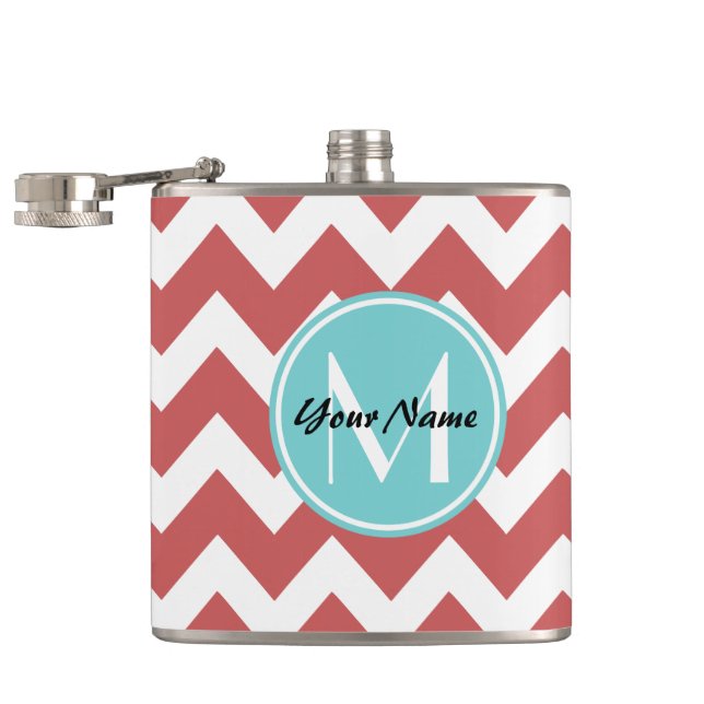Flasques Coral Chevron Aqua Monogramme, Personnalisé (Ouvert)