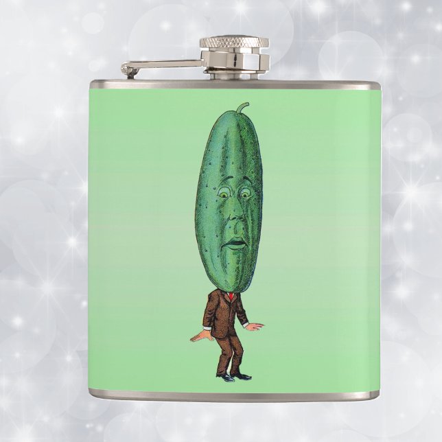 Flasques Costume Brown Imaginaire Pickle Man (silly man in brown suit big green pickle head with face on light green drinking flask.)