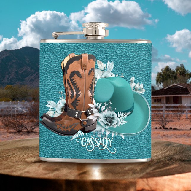 Flasques Cowgirl en cuir turquoise cowboy bottes casquette (Cowgirl turquoise leather cowboy boots hat flask)