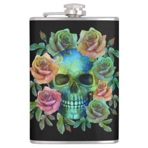 FLASQUES CRÂNE VERT DE LA MORT AVEC FLEURS