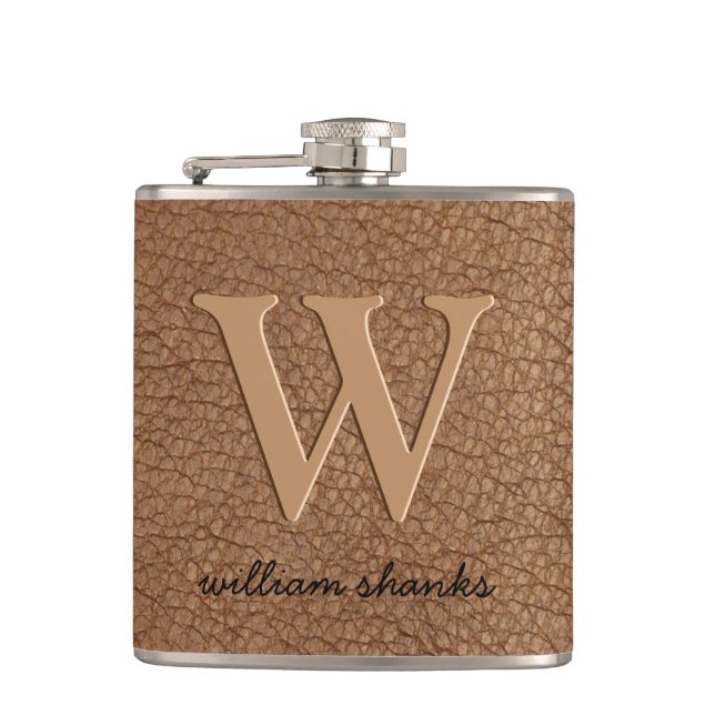 Flasques Cuir brun rustique noir or chic monogramme nom (Devant)