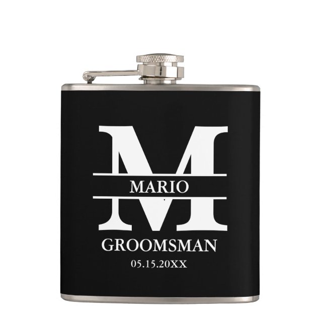 Flasques Custom Groomsman Best Man Wedding Monogram Black  (Devant)