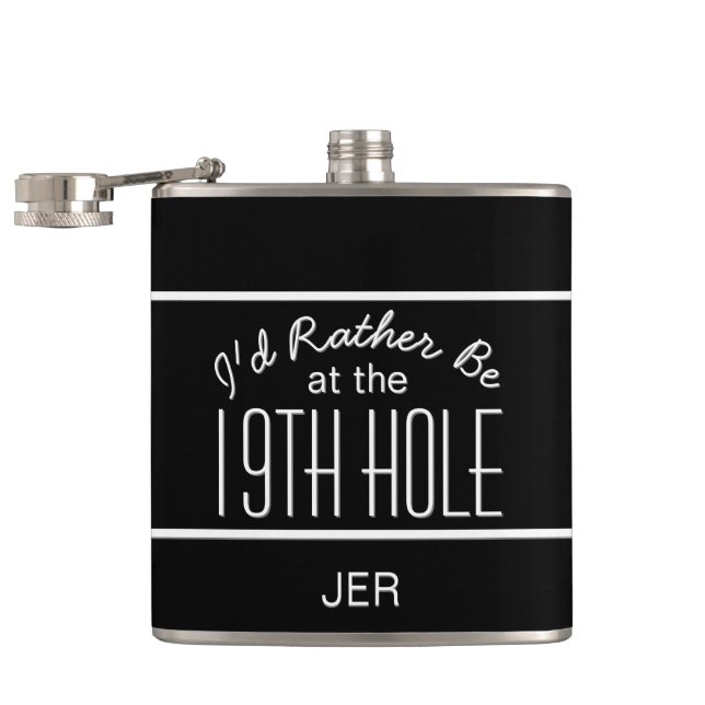 Flasques Cute Golfer 19th Trou Monogrammed Initiales Noir (Ouvert)