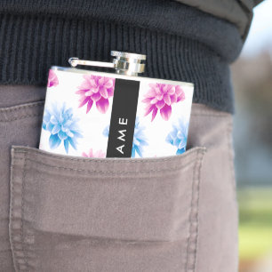 Flasques Dahlia rose et bleu, motif floral, votre nom