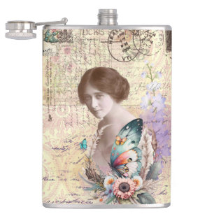 Flasques Dame vintage avec papillon et flore