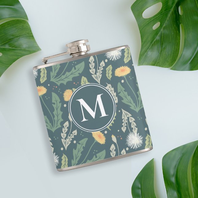 Flasques Dandelion Floral Weed Motif (Dandelion Pattern Flask)