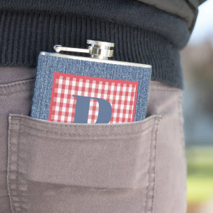 Flasques Dénim Bleu, Rouge & Blanc, Grand Initial 6oz