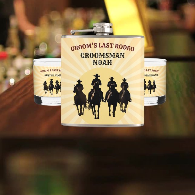 Flasques Dernier Rodéo du Marié au Coucher du Soleil Enterr (Groom’s Last Rodeo Sunset Groomsman Bachelor Party Flask)