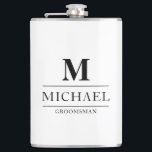 Flasques Design moderne Groomsmen Cadeaux Monogramme Best M<br><div class="desc">Ce simple flacon noir et blanc monogrammé présente le nom et l'initiale des groomsmen, écrit dans une typographie minimaliste noire et tendance. Ajoutez simplement les noms des groomsmen et leur initiale dans la section personnalisée pour créer votre propre flacon masculin groomsmen. Bien que présenté ici comme une fiole de marié,...</div>
