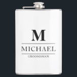 Flasques Design moderne Groomsmen Cadeaux Monogramme Best M<br><div class="desc">Ce simple flacon noir et blanc monogrammé présente le nom et l'initiale des groomsmen, écrit dans une typographie minimaliste noire et tendance. Ajoutez simplement les noms des groomsmen et leur initiale dans la section personnalisée pour créer votre propre flacon masculin groomsmen. Bien que présenté ici comme une fiole de marié,...</div>