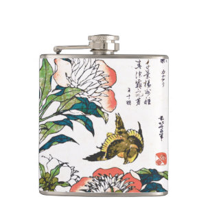 Flasques Dessin japonais vintage, pivoines et moineau