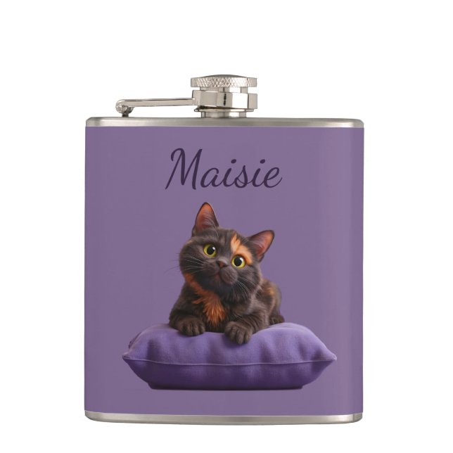 Flasques Dessin Tortoiseshell Kitten sur coussin pourpre (Devant)