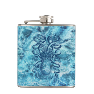 Flasques Dessin Vintage Graphique Blue Sea Waves & Octopus