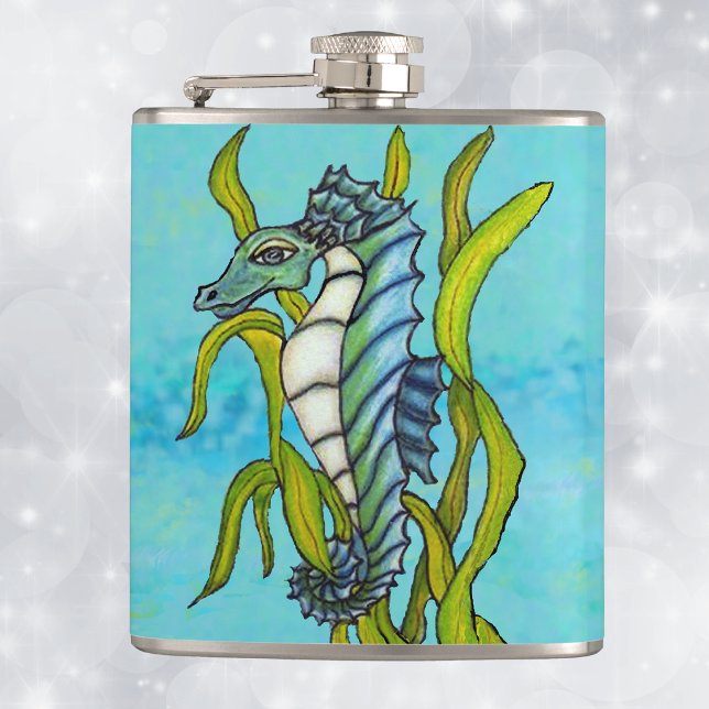 Flasques Dragon licorne de mer bleu Fantastique Algue (Fantasy aqua blue and white seahorse in green seaweed on shades of blue drinking flask.)