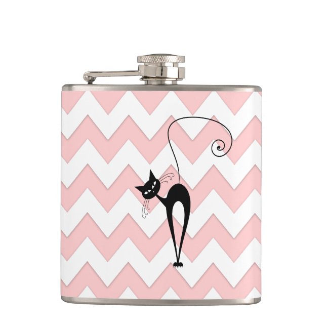 Flasques Drôle whimsical noir chat chevron rose pâle (Devant)