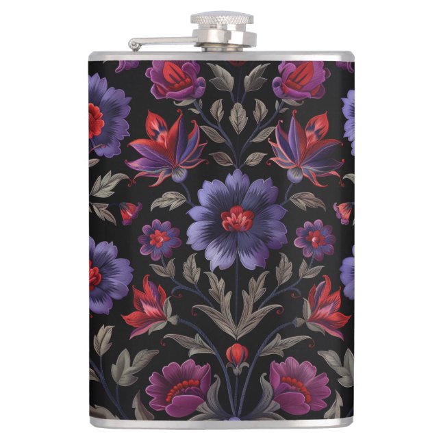 Flasques Élégance foncée : Motif floral noir et pourpre (Devant)