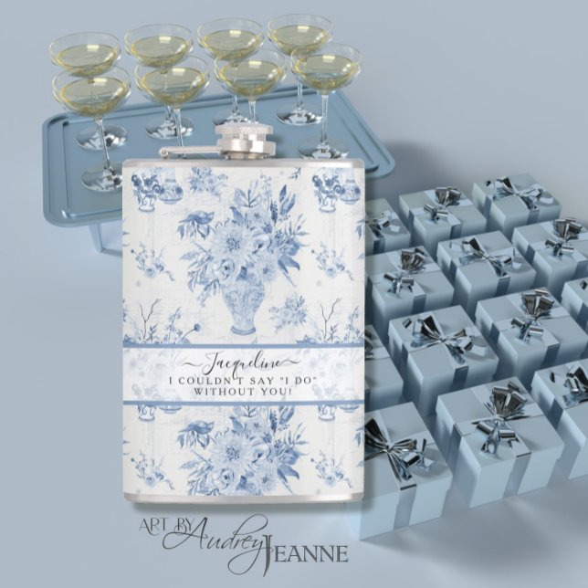 Flasques Élégant Bleu en Blanc Floral Classic Bridesmaid (Créateur téléchargé)