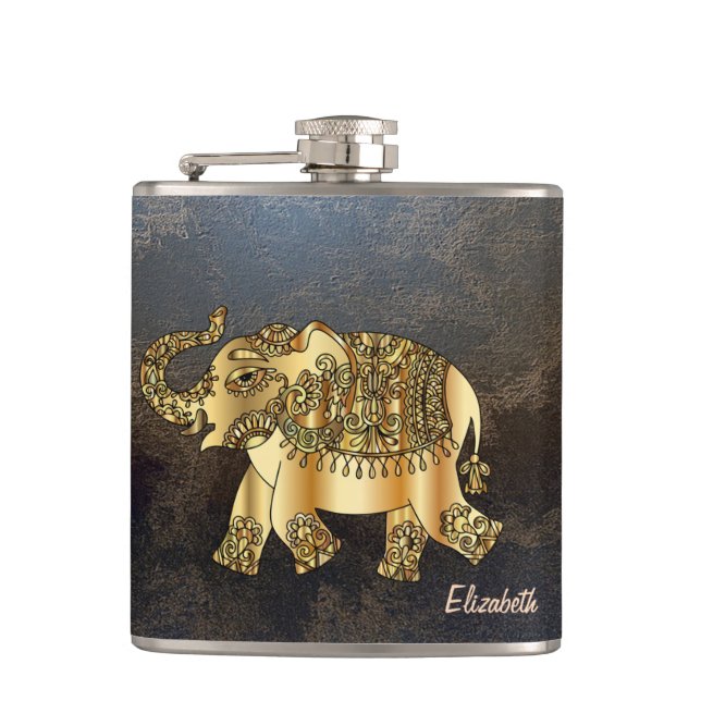 Flasques Élégant Chic Éléphant Floral Or, Cuir Aspect (Devant)