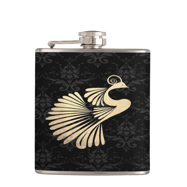 Flasques Elegant Chic Gold Peacock, Black Damask (Devant)