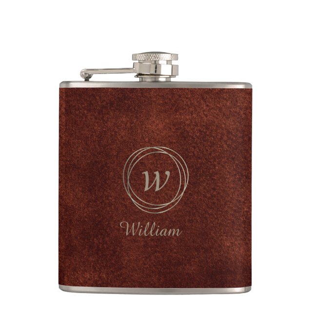 Flasques Elégant design en cuir Brown Monogramme argent (Devant)