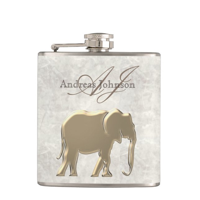 Flasques Élégant Éléphant en Marbre Blanc et Or Monogrammé (Devant)