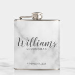 Flasques Élégant marbre élégant Cuomsmen personnalisé<br><div class="desc">Classy Elegant Marble Modern Script Personnalisé Groomsmen Flask avec nom de toiletteur personnalisé en calligraphie moderne style de police avec titre et date mariage dans le style de police sans serif moderne sur arrière - plan en marbre blanc. Aussi parfait pour Père de la Mariée,  Meilleur homme et plus.</div>